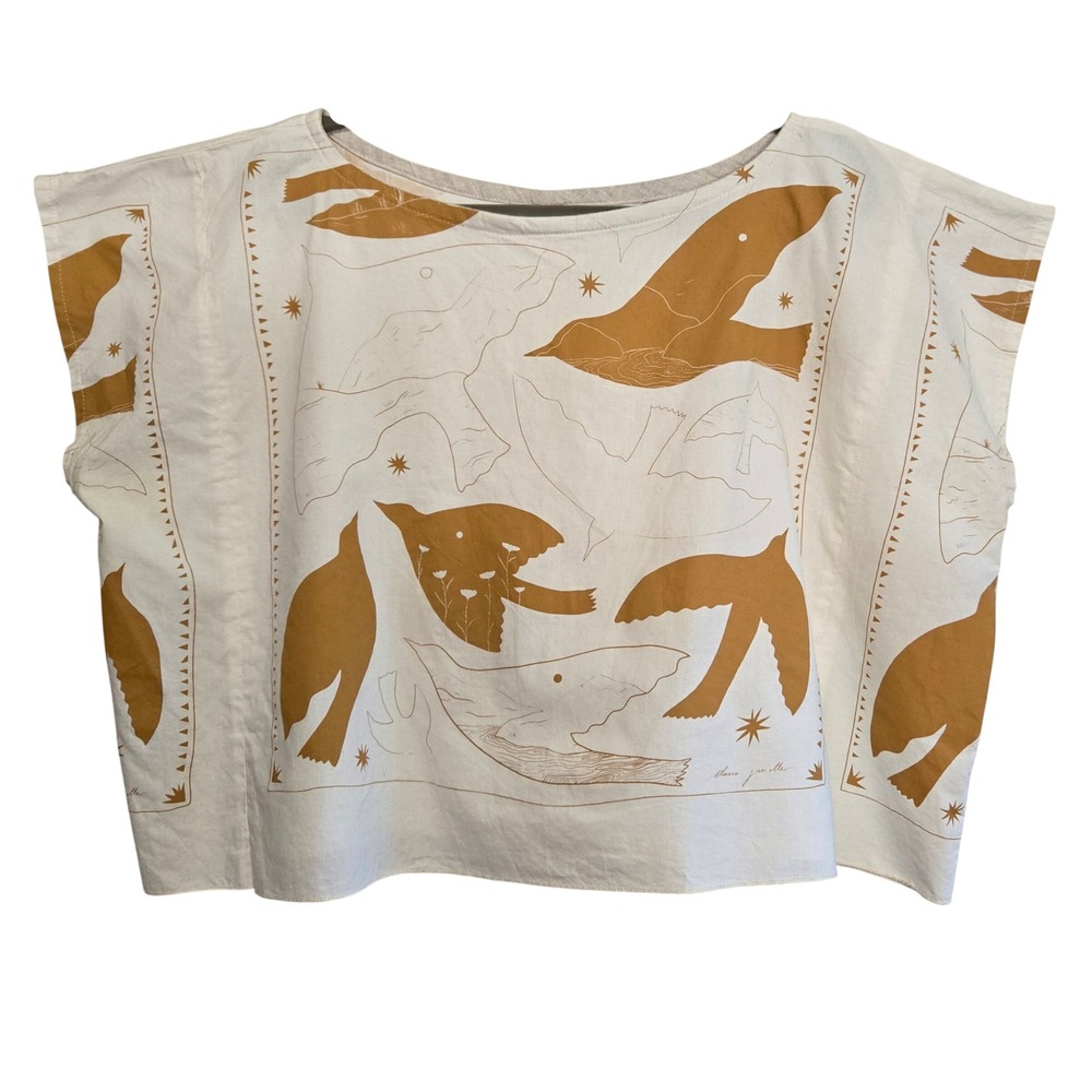 Brooke Ciocco White Mustard Yellow Bird Celestial Print Boxy Crop Top Tee OS